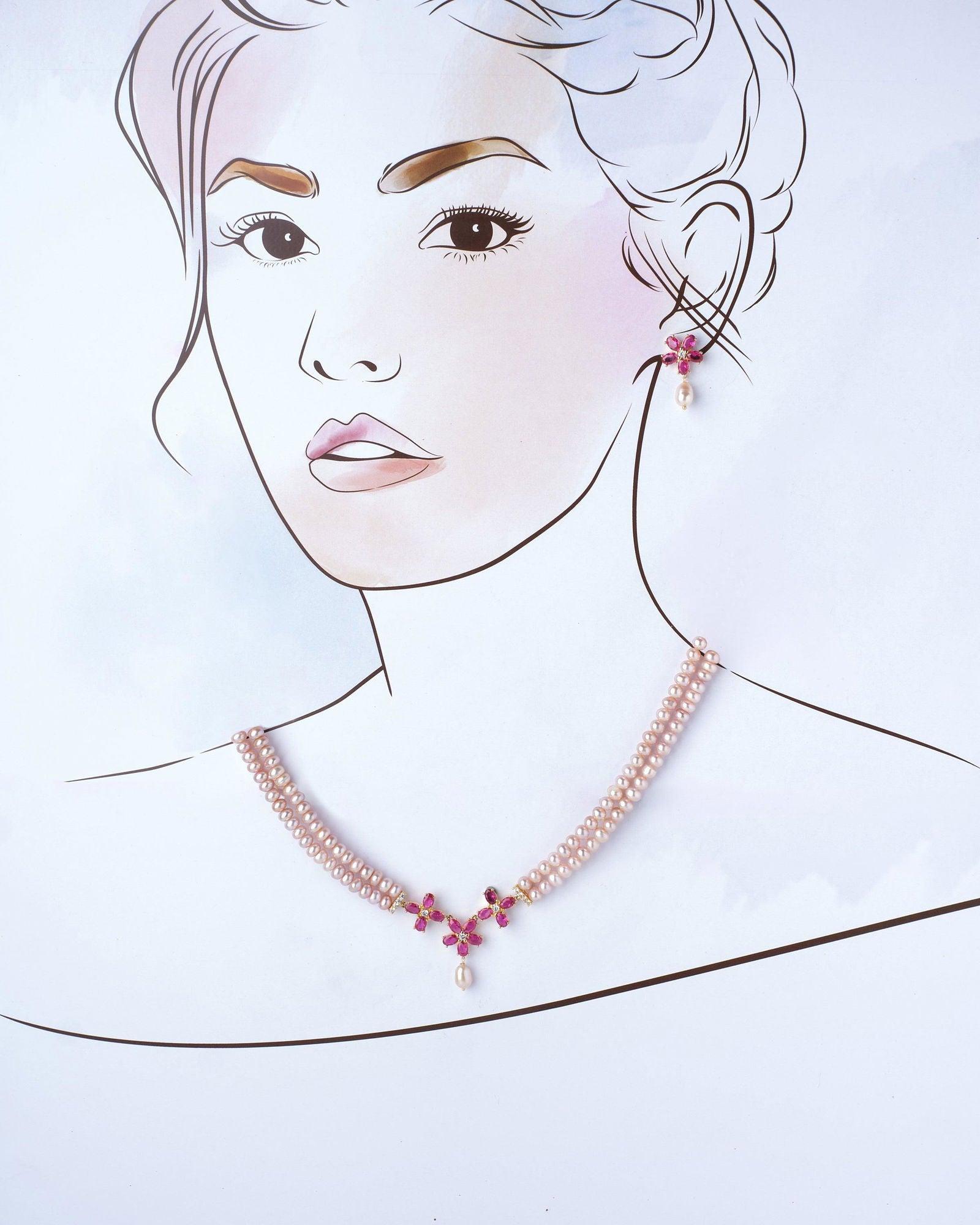 Semi Trial Floral Pendant Pearl Necklace Set - Chandrani Pearls
