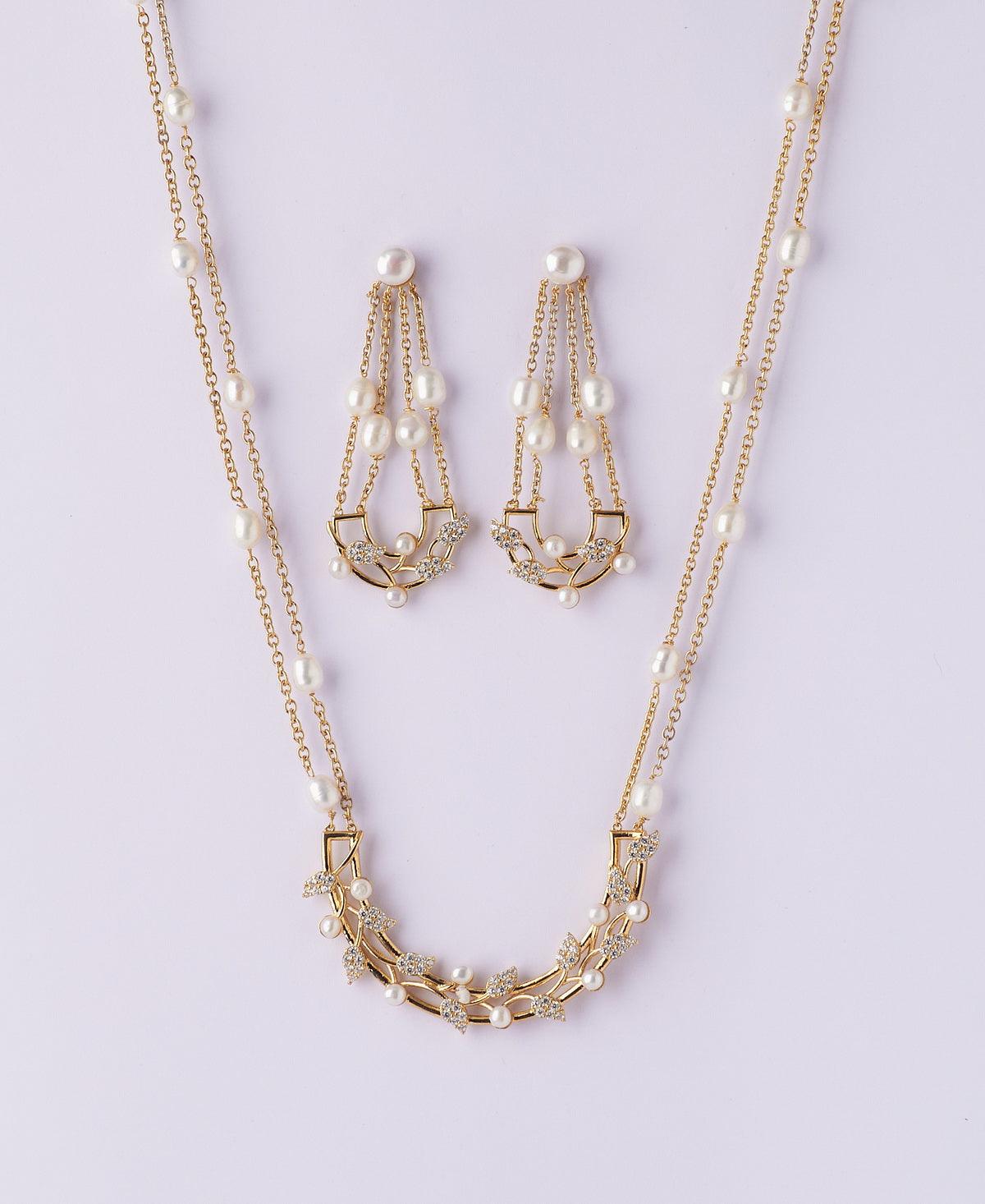 Simple and Elegant Leaf Stone Studded Pendant Chain Set - Chandrani Pearls