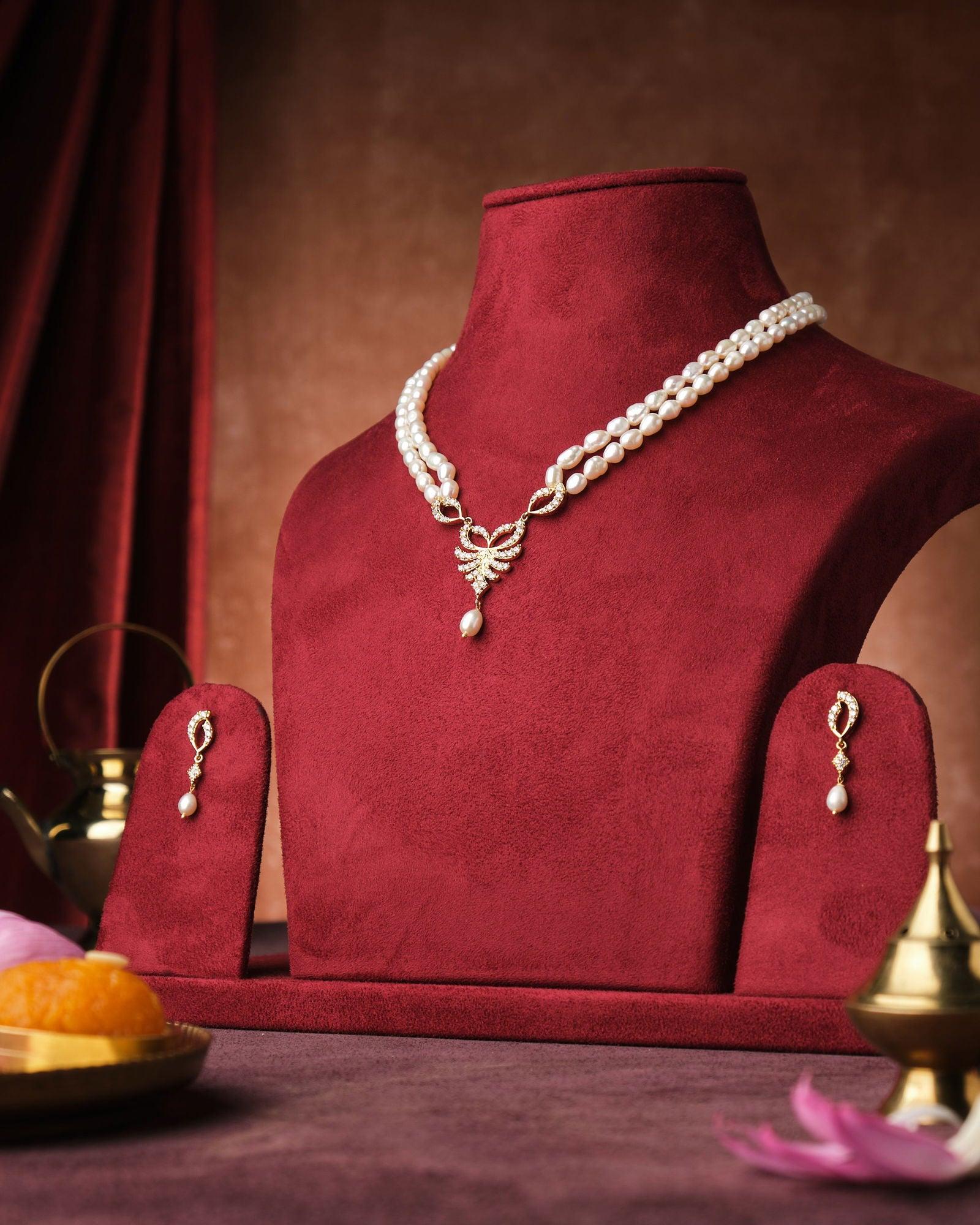 Sleek Twine CZ Pendant Pearl Necklace Set - Chandrani Pearls