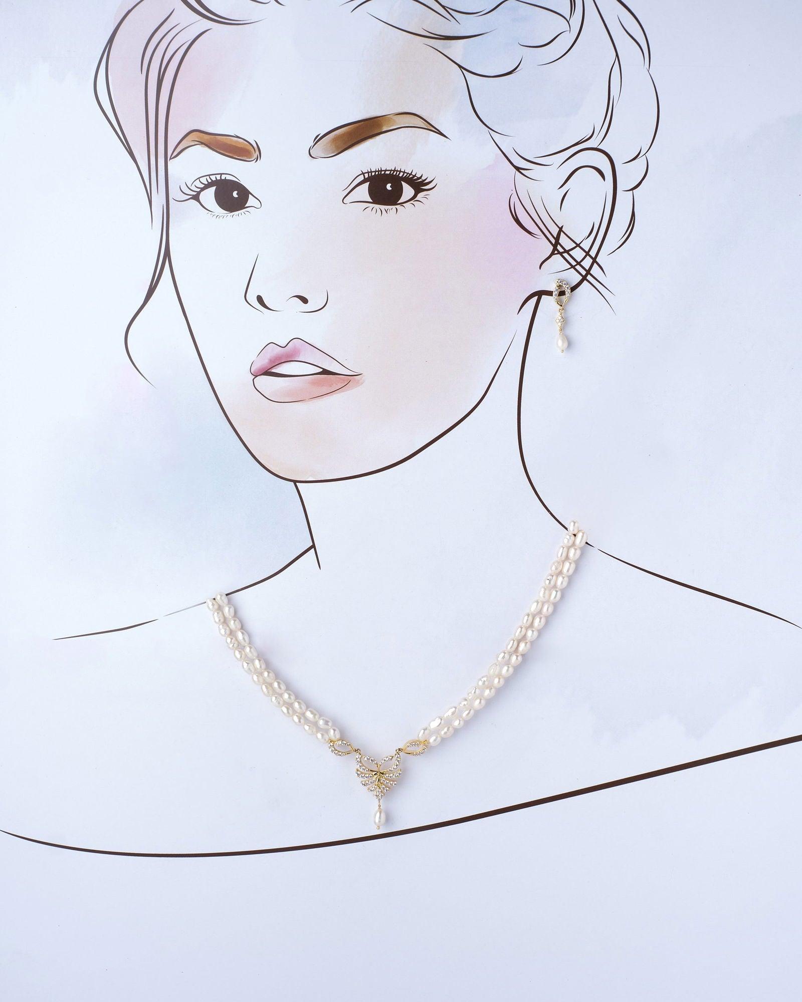 Sleek Twine CZ Pendant Pearl Necklace Set - Chandrani Pearls