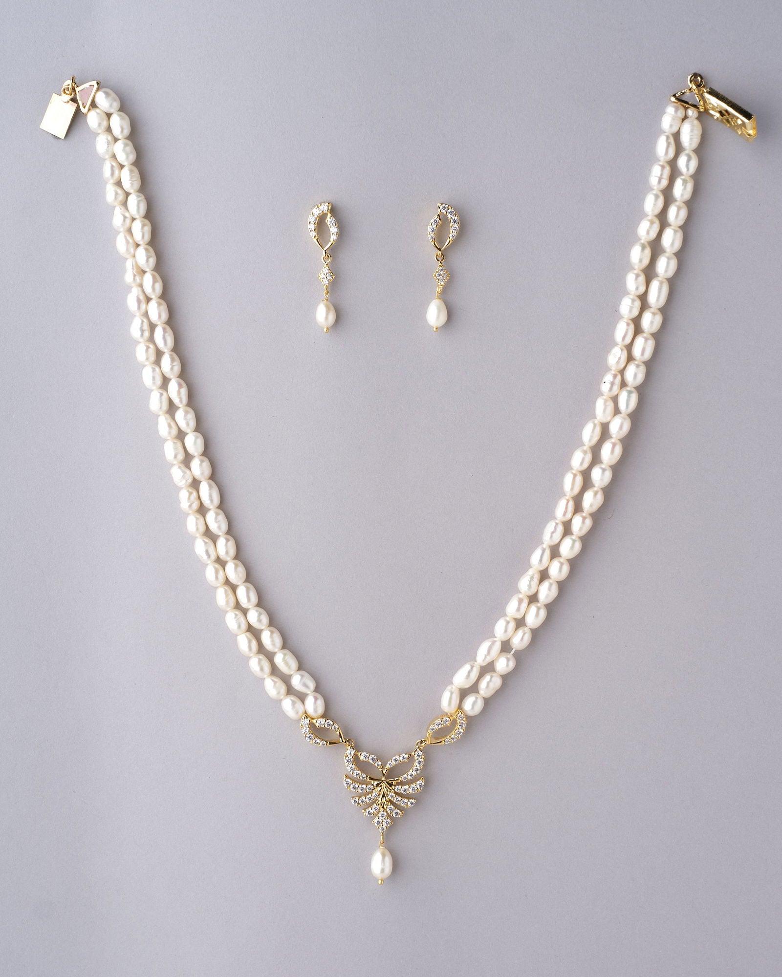 Sleek Twine CZ Pendant Pearl Necklace Set - Chandrani Pearls