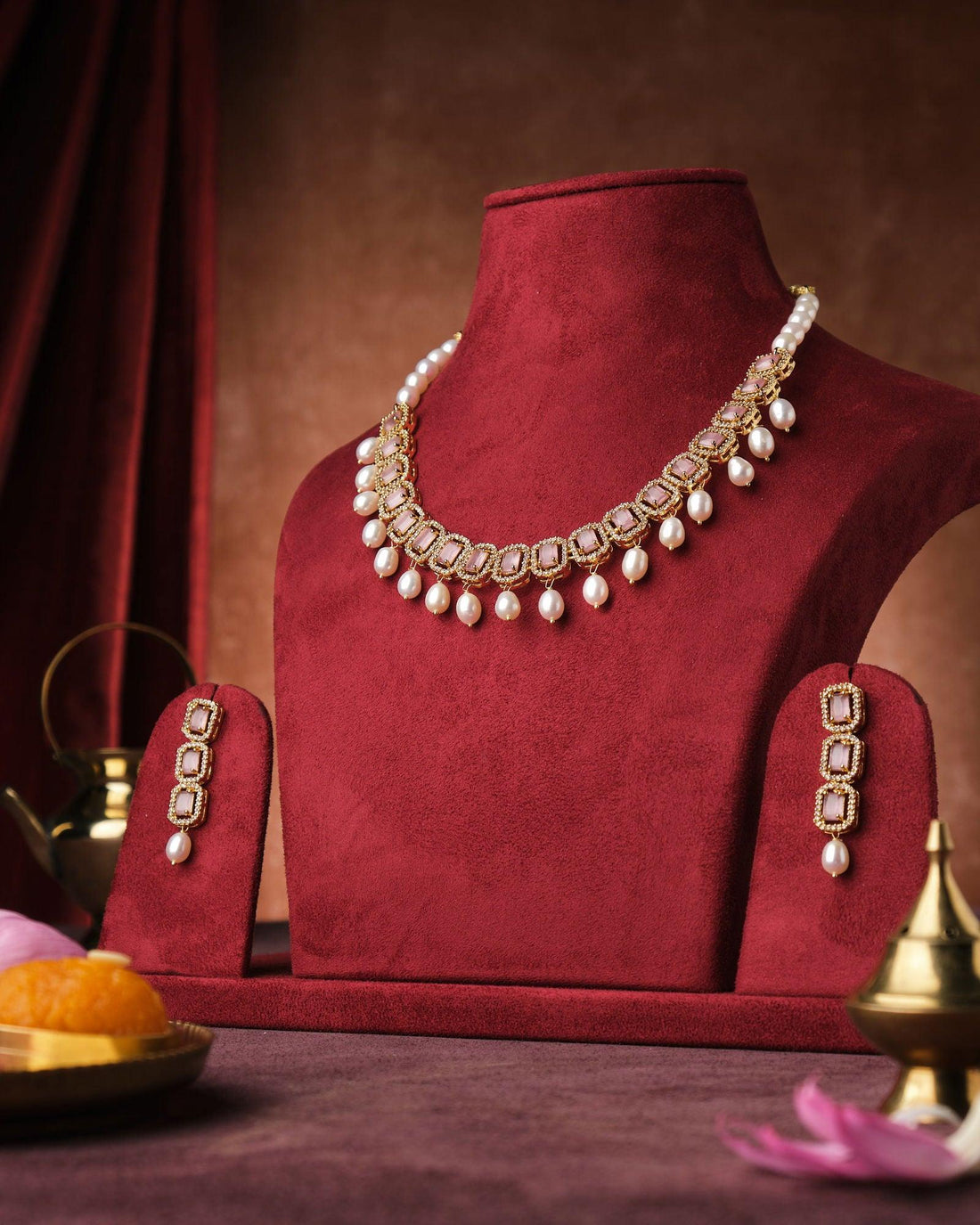 Sparkle Cluster CZ Pendant Pearl Necklace Set - Chandrani Pearls