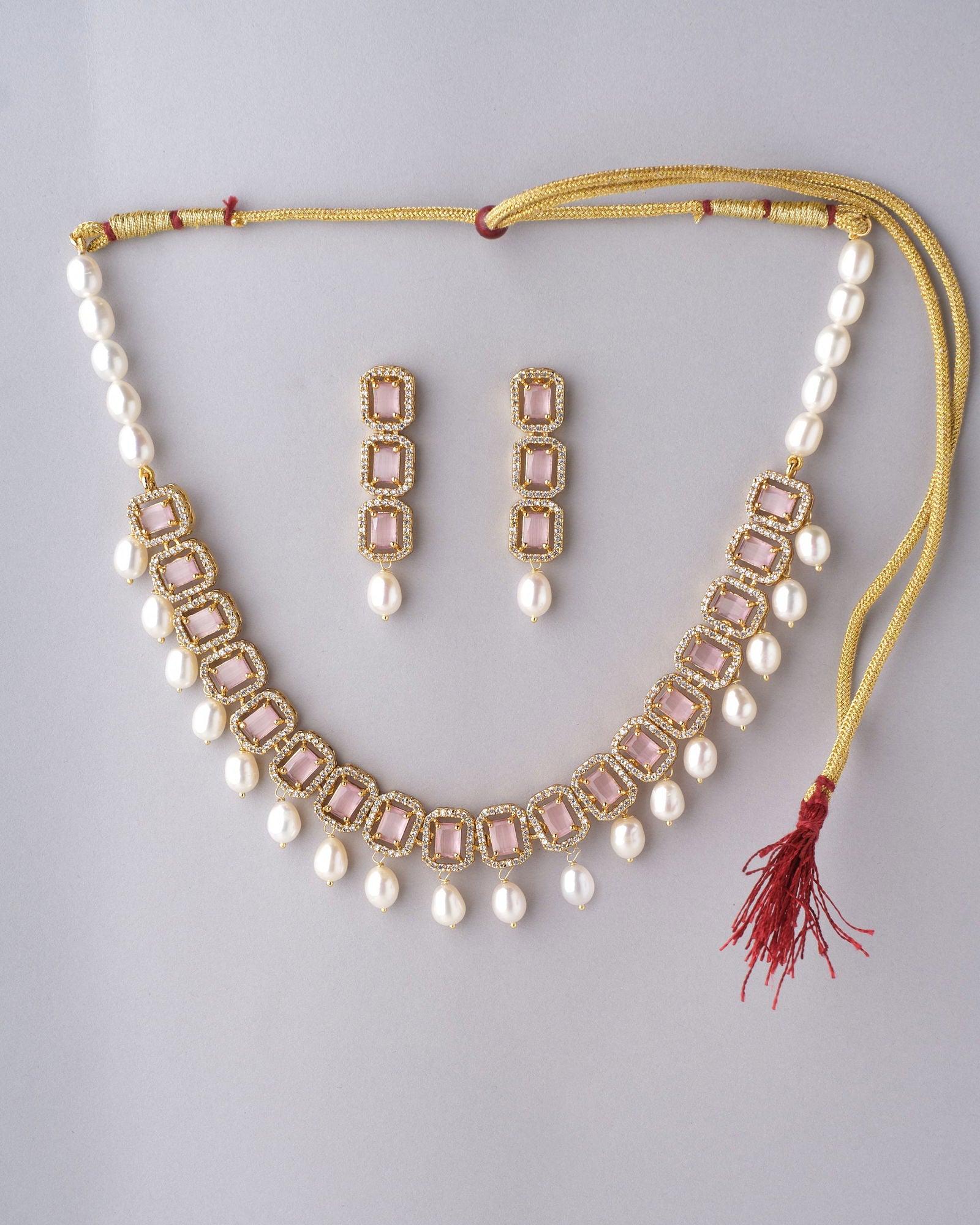 Sparkle Cluster CZ Pendant Pearl Necklace Set - Chandrani Pearls