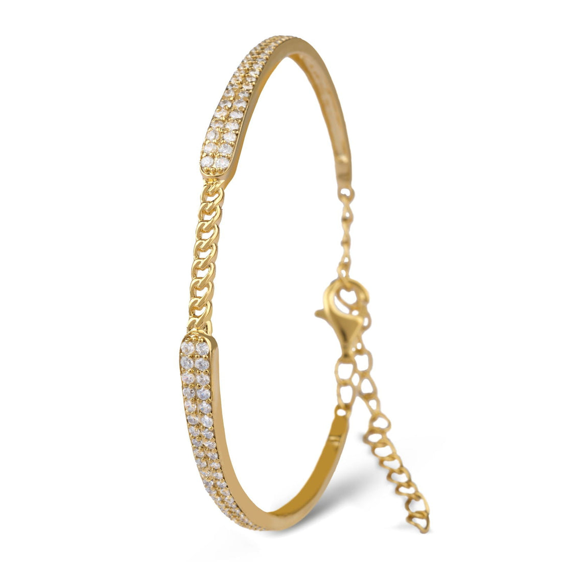 A close-up of a hand resting on a shoulder, adorned with the Chandrani Pearls Starry Night Bangle in 18K gold—a thin bracelet studded with delicate diamonds—radiating celestial elegance against a black background.