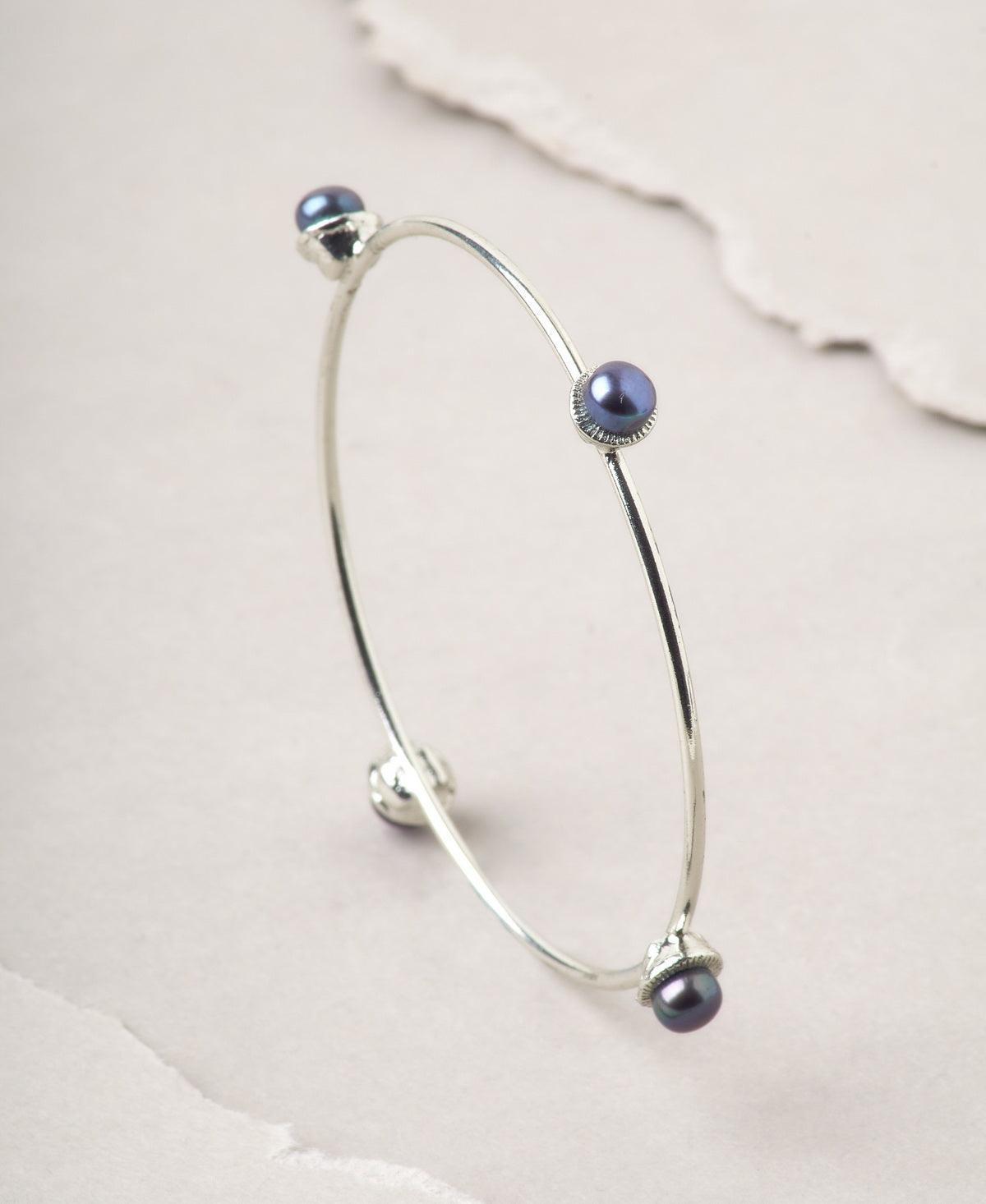 Statement Rhodium Black Pearl Bangle - Chandrani Pearls