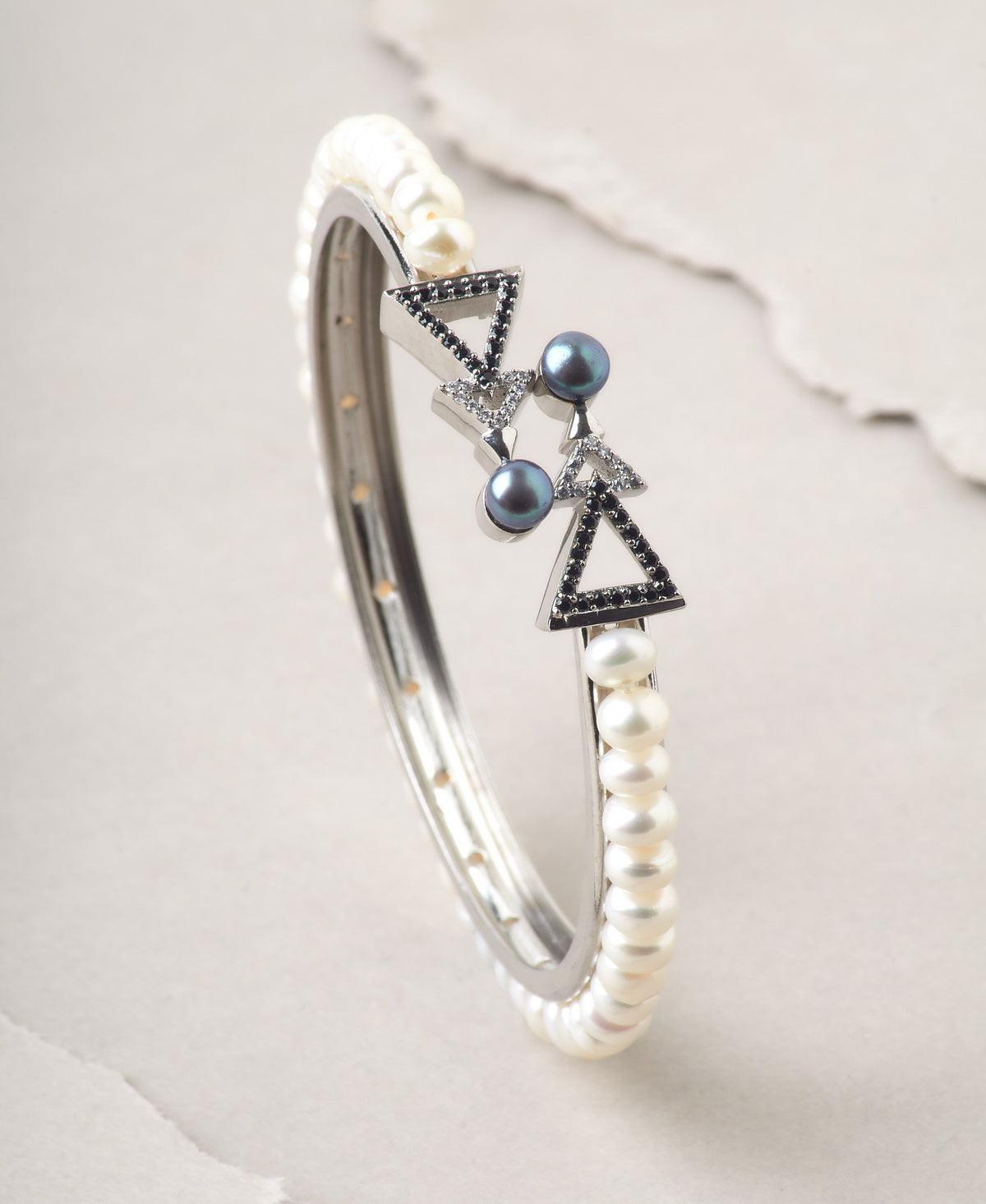 Statement Rhodium White Pearl Bangle - Chandrani Pearls