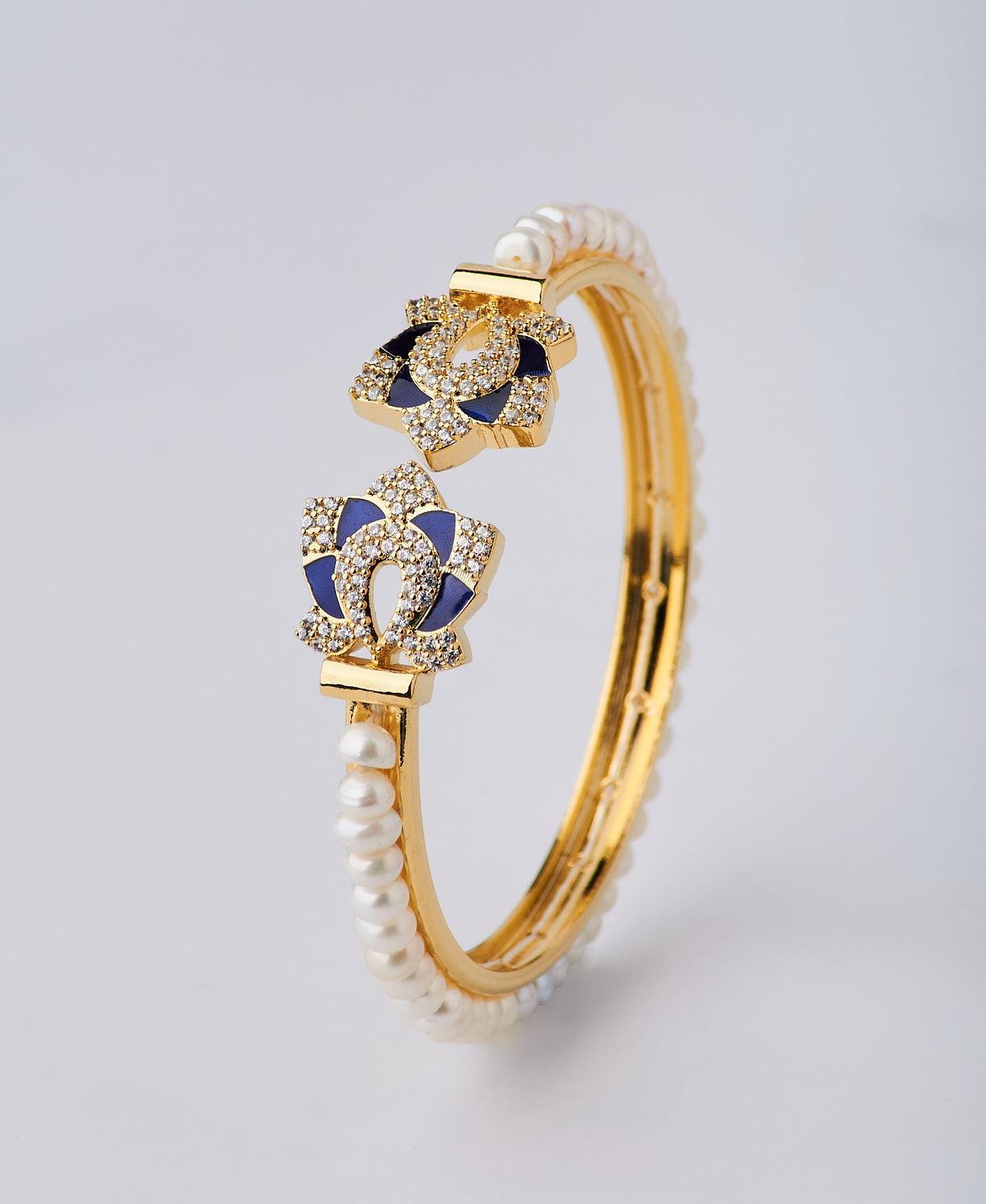 Stunning Floral Stone Studded Pearl Bangle - Chandrani Pearls