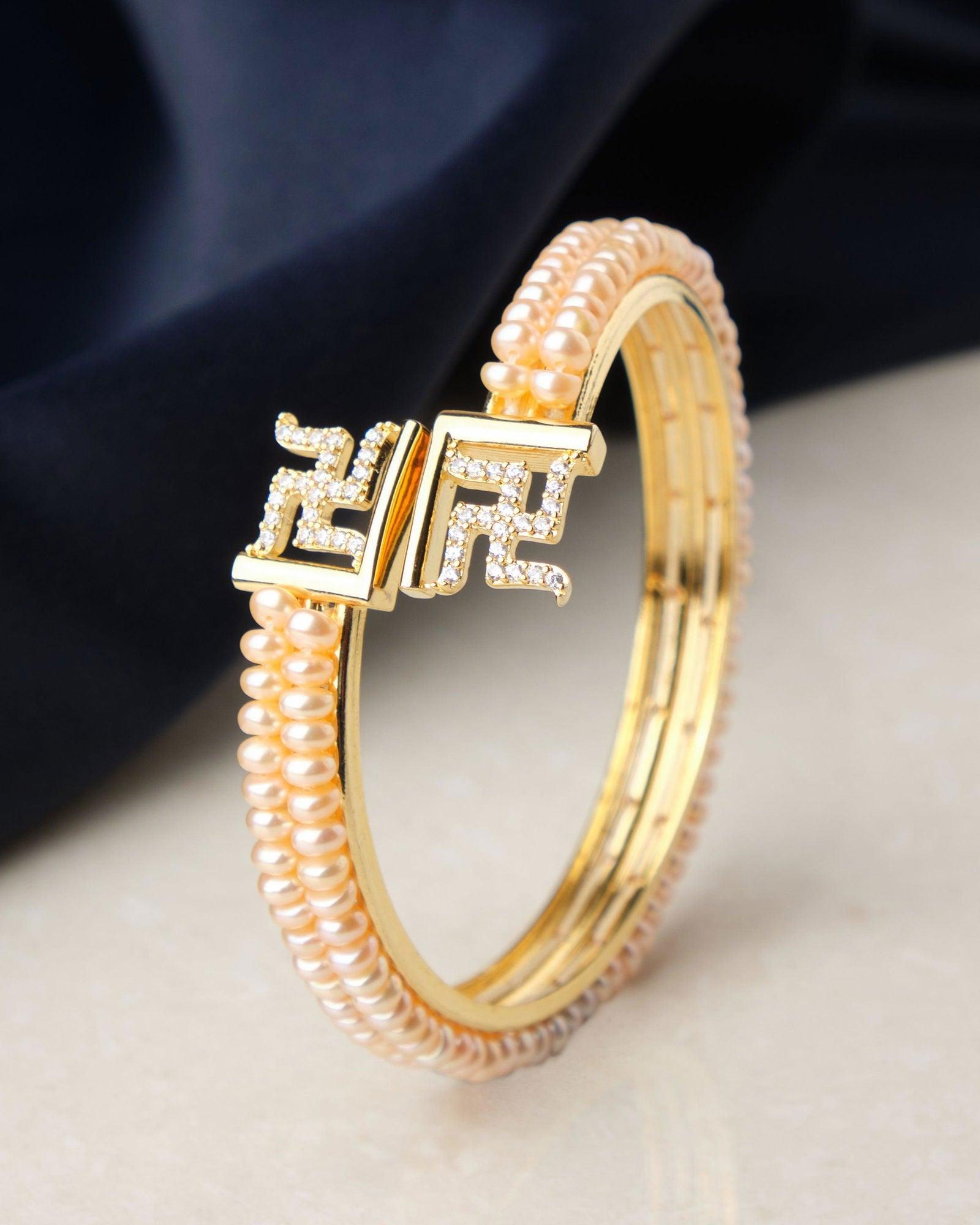 Swastik Stone Studded Pearl Bangle - Chandrani Pearls