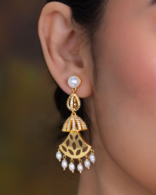 Gold Finish Jhumka-Style Pearl Drop Earrings