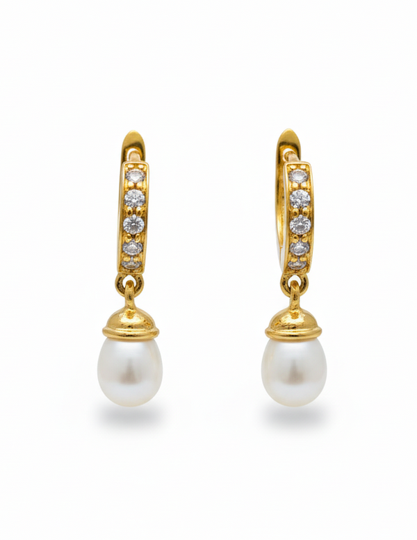 Vintage-Inspired Gold Huggie Drop Pearls Earrings