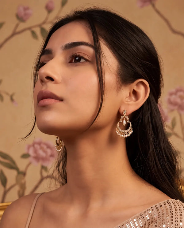 Gold-Plated Chandbali Earrings with CZ Accents & Hanging Pearl Drops