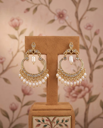Gold-Plated Chandbali Earrings with CZ Accents & Hanging Pearl Drops