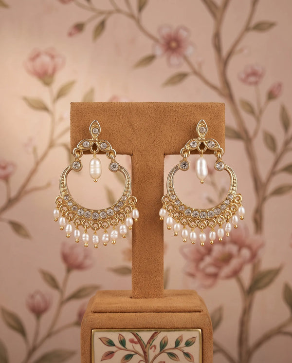Gold-Plated Chandbali Earrings with CZ Accents & Hanging Pearl Drops