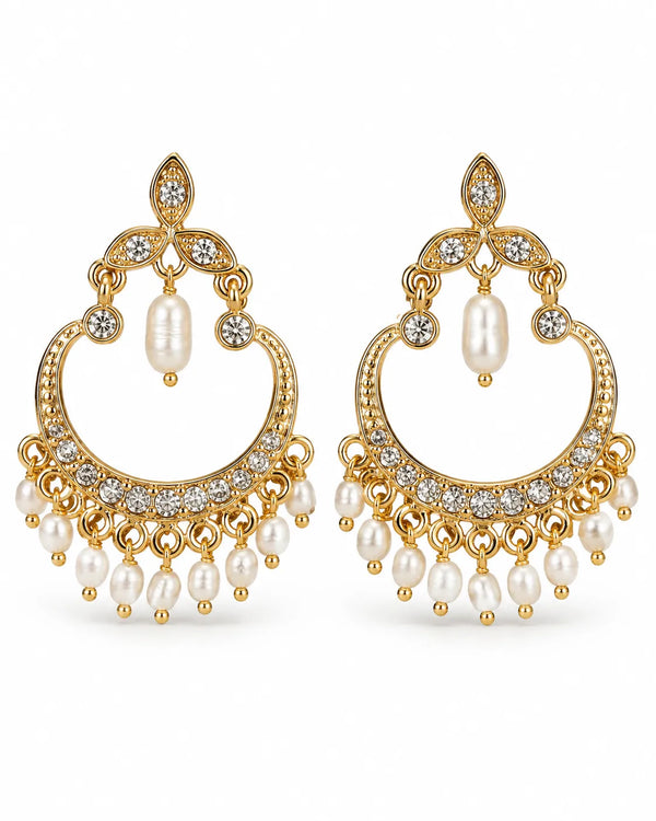 Gold-Plated Chandbali Earrings with CZ Accents & Hanging Pearl Drops