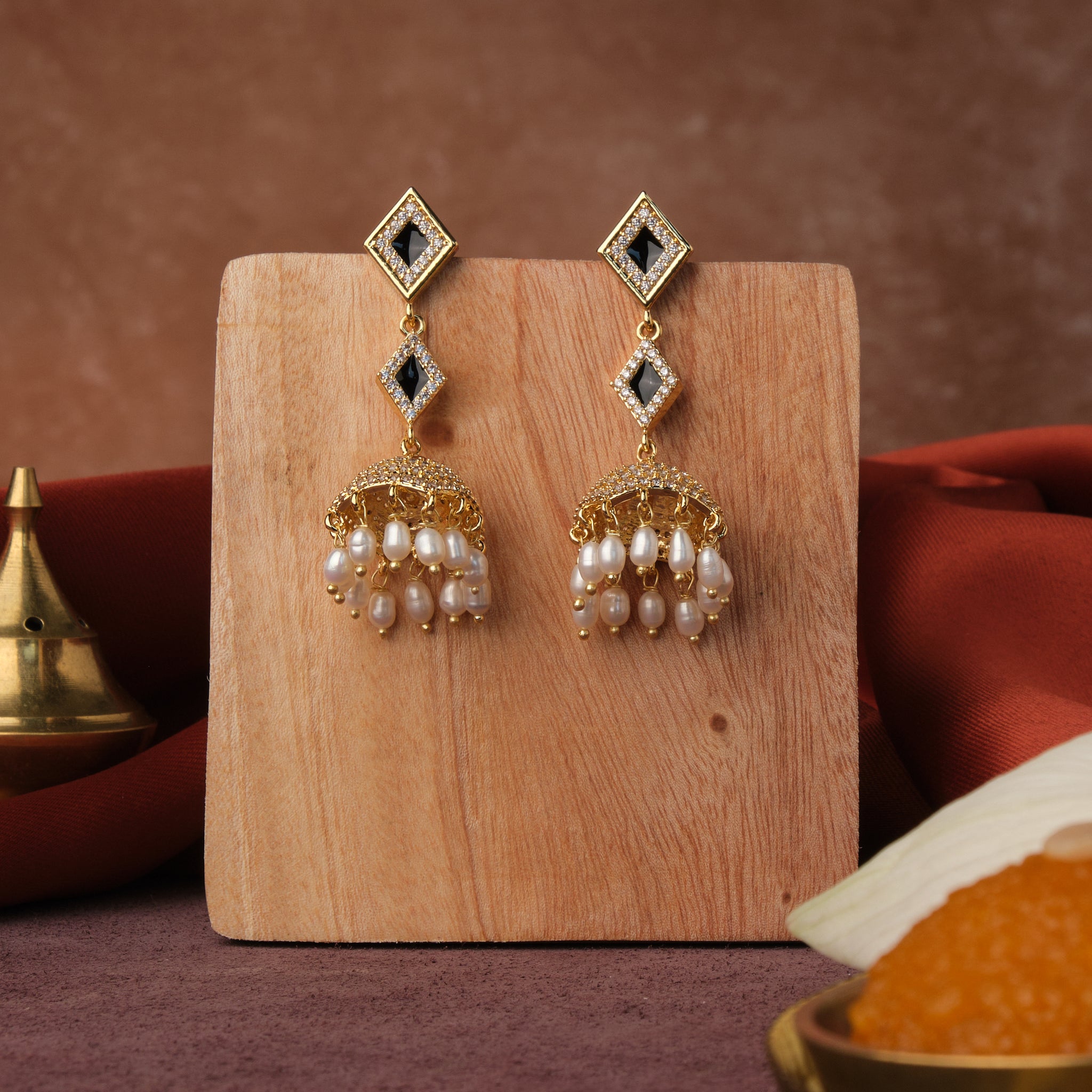 Dual Regal Stone Studded Enamel Pearl Hanging Jhumka