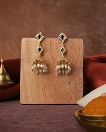 Dual Regal Stone Studded Enamel Pearl Hanging Jhumka