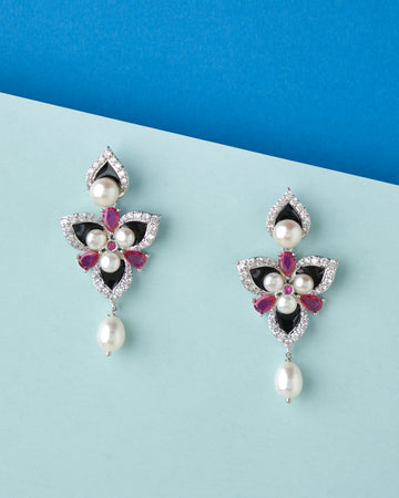 Lovely Flowers Stone Studded Pearl Earring