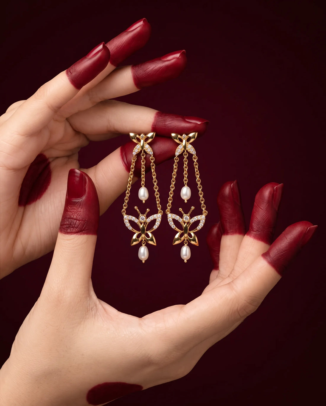 Gold-Tone Dual Butterfly Pearl & CZ Chandelier Drop Earrings