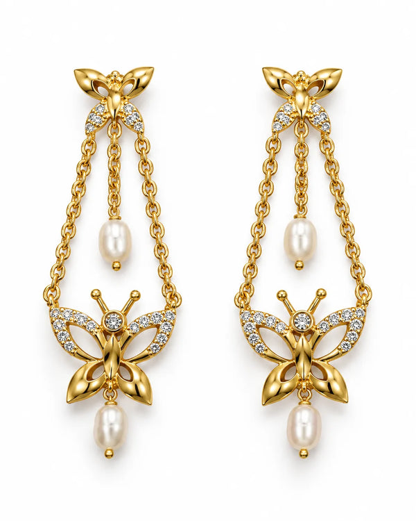 Gold-Tone Dual Butterfly Pearl & CZ Chandelier Drop Earrings