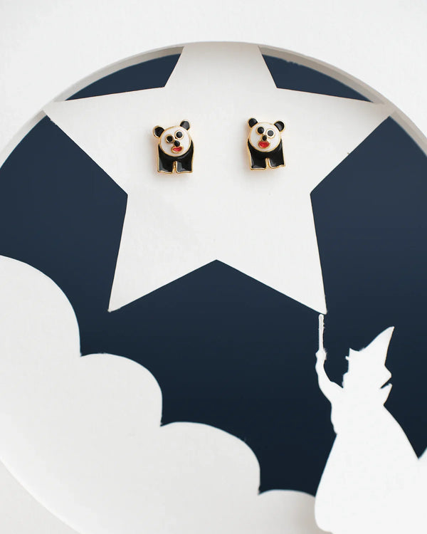 The Cute Panda Stud Earring by Chandrani Pearls India is showcased on a star cut-out featuring a wizard with a wand.