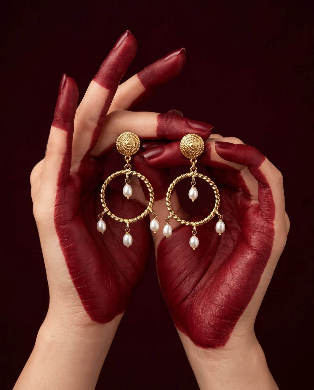 Gold-Tone Textured Spiral Hoop Pearl Drop Earrings