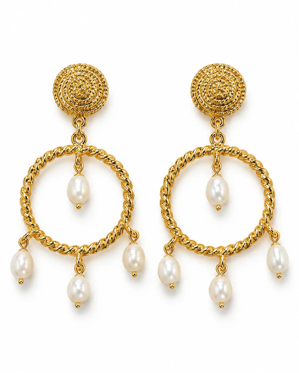 Gold-Tone Textured Spiral Hoop Pearl Drop Earrings
