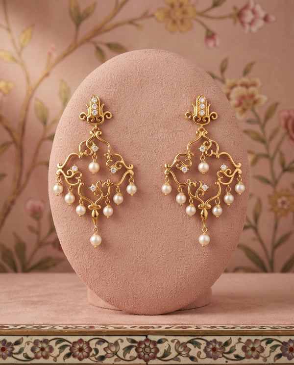 Exquisite Gold Plated Filigree Pearl Chandelier Earrings