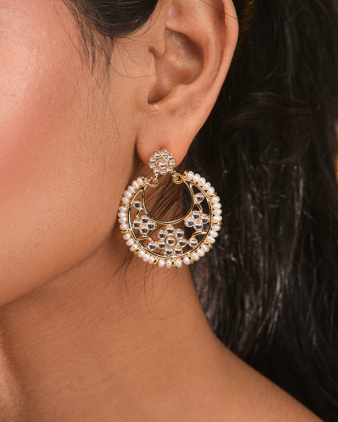 Gold Plated Pearl Earrings with CZ Flowers