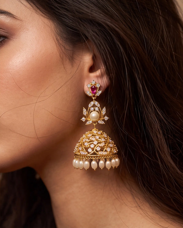 Gold Jhumka Earrings with Ruby CZ & Pearl Fringe