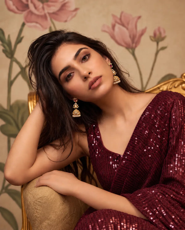 Gold Jhumka Earrings with Ruby CZ & Pearl Fringe