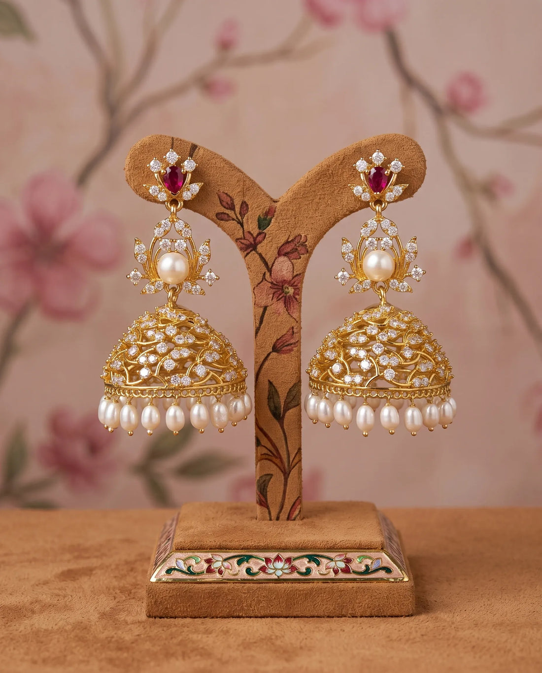 Gold Jhumka Earrings with Ruby CZ & Pearl Fringe