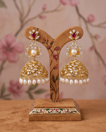 Gold Jhumka Earrings with Ruby CZ & Pearl Fringe