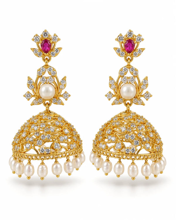 Gold Jhumka Earrings with Ruby CZ & Pearl Fringe
