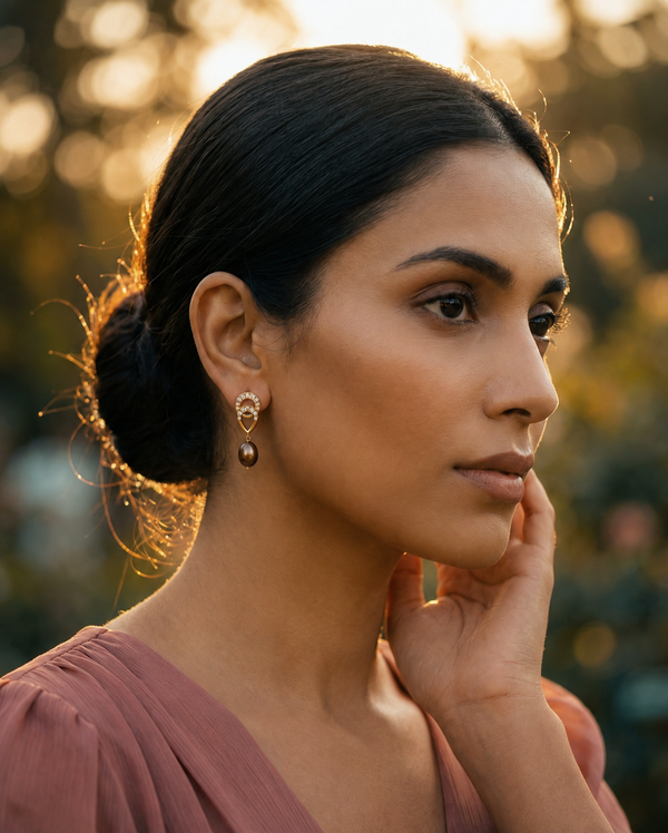 Golden Pearl and CZ Drop Earrings
