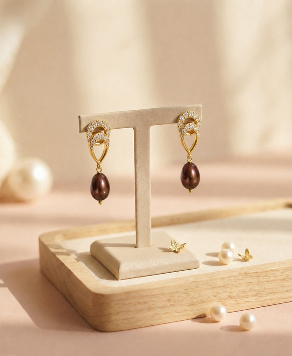 Golden Pearl and CZ Drop Earrings