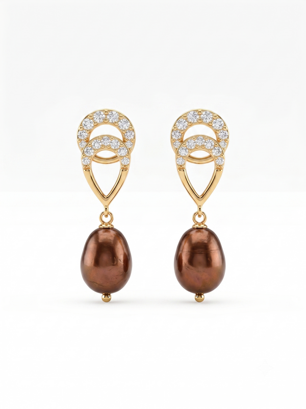 Golden Pearl and CZ Drop Earrings