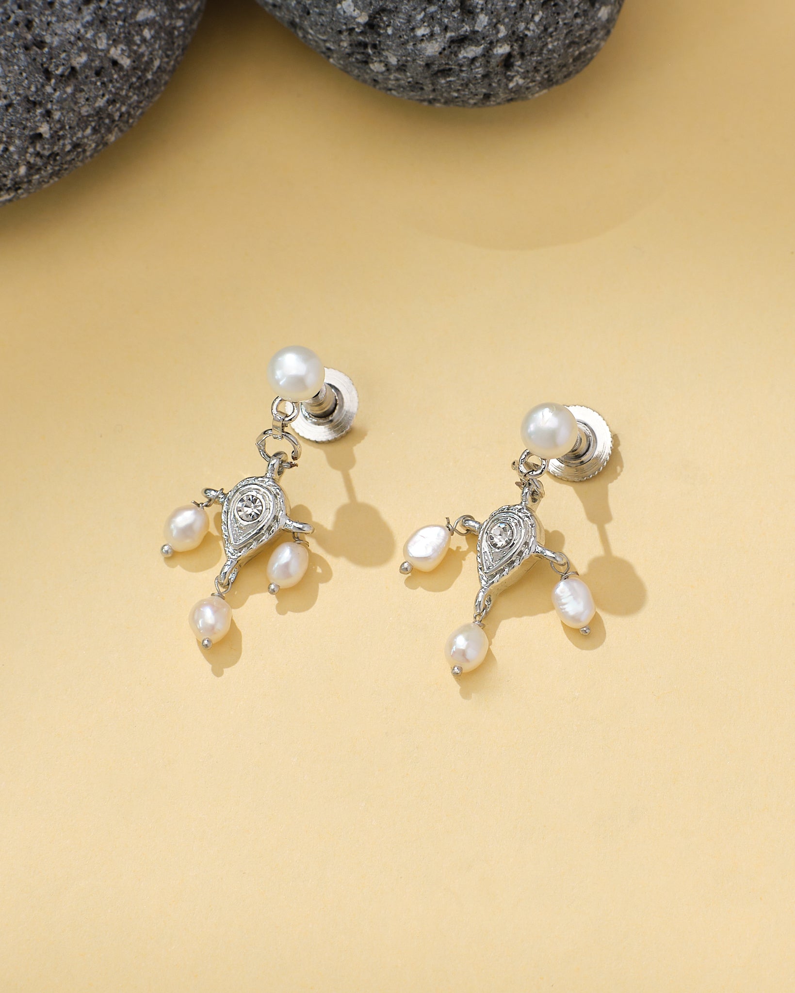 Pearl & CZ Leaf Design Drop Earrings