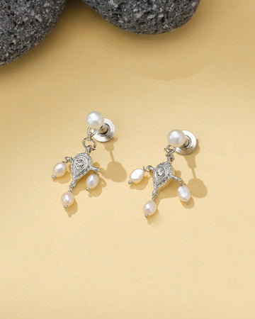 Pearl & CZ Leaf Design Drop Earrings