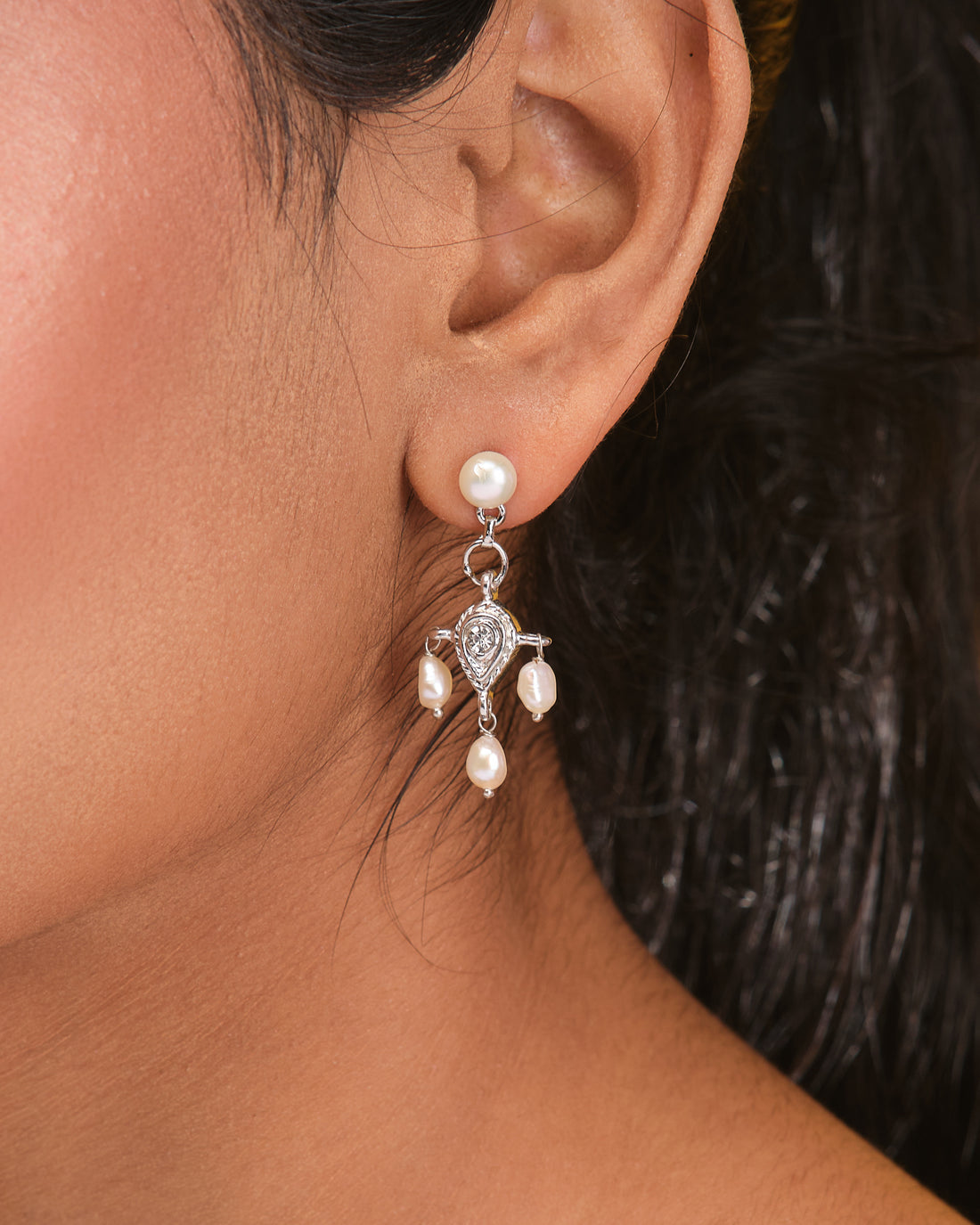 Pearl & CZ Leaf Design Drop Earrings