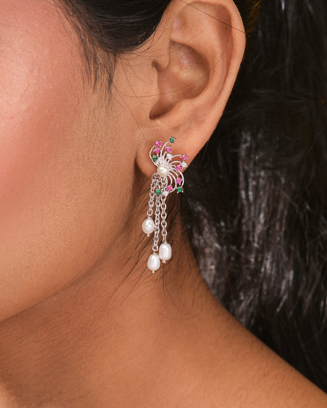 Dangling Pearl Earrings with CZ Chain Links