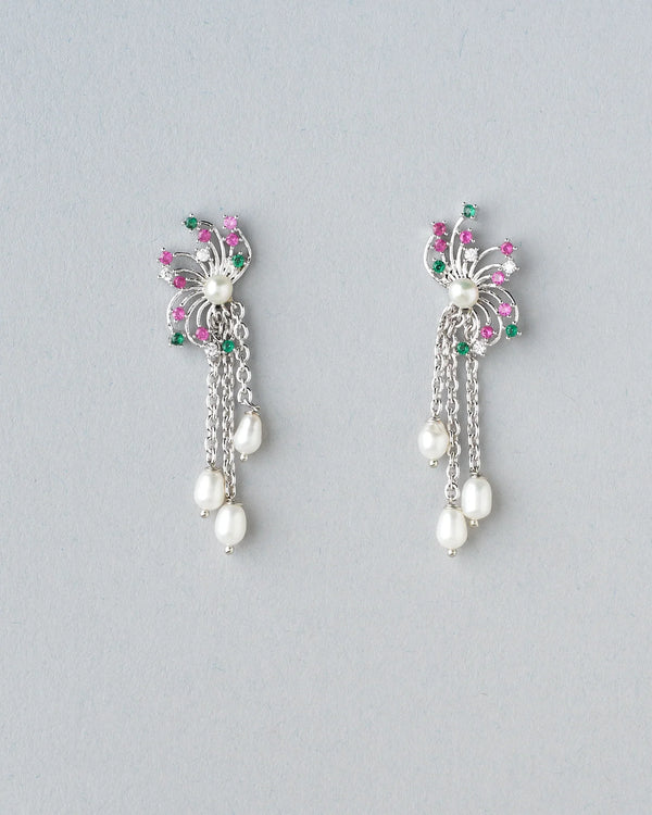 Dangling Pearl Earrings with CZ Chain Links