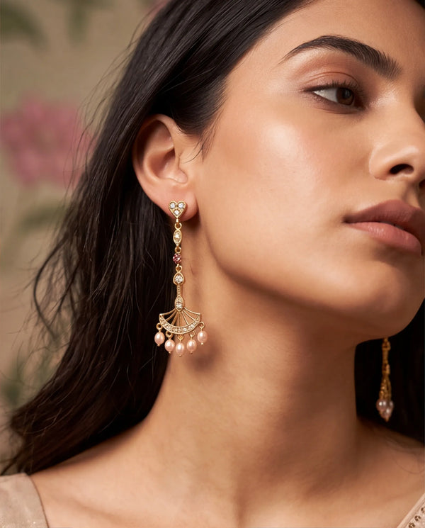 Gold-Plated Linear Fan Drop Earrings with Ruby-Pink CZ & Pearl Fringe