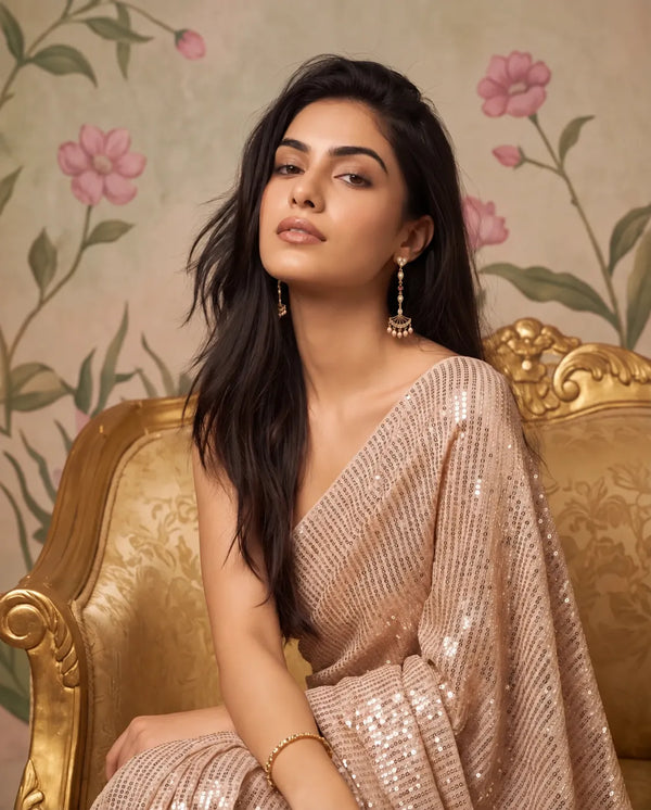 Gold-Plated Linear Fan Drop Earrings with Ruby-Pink CZ & Pearl Fringe