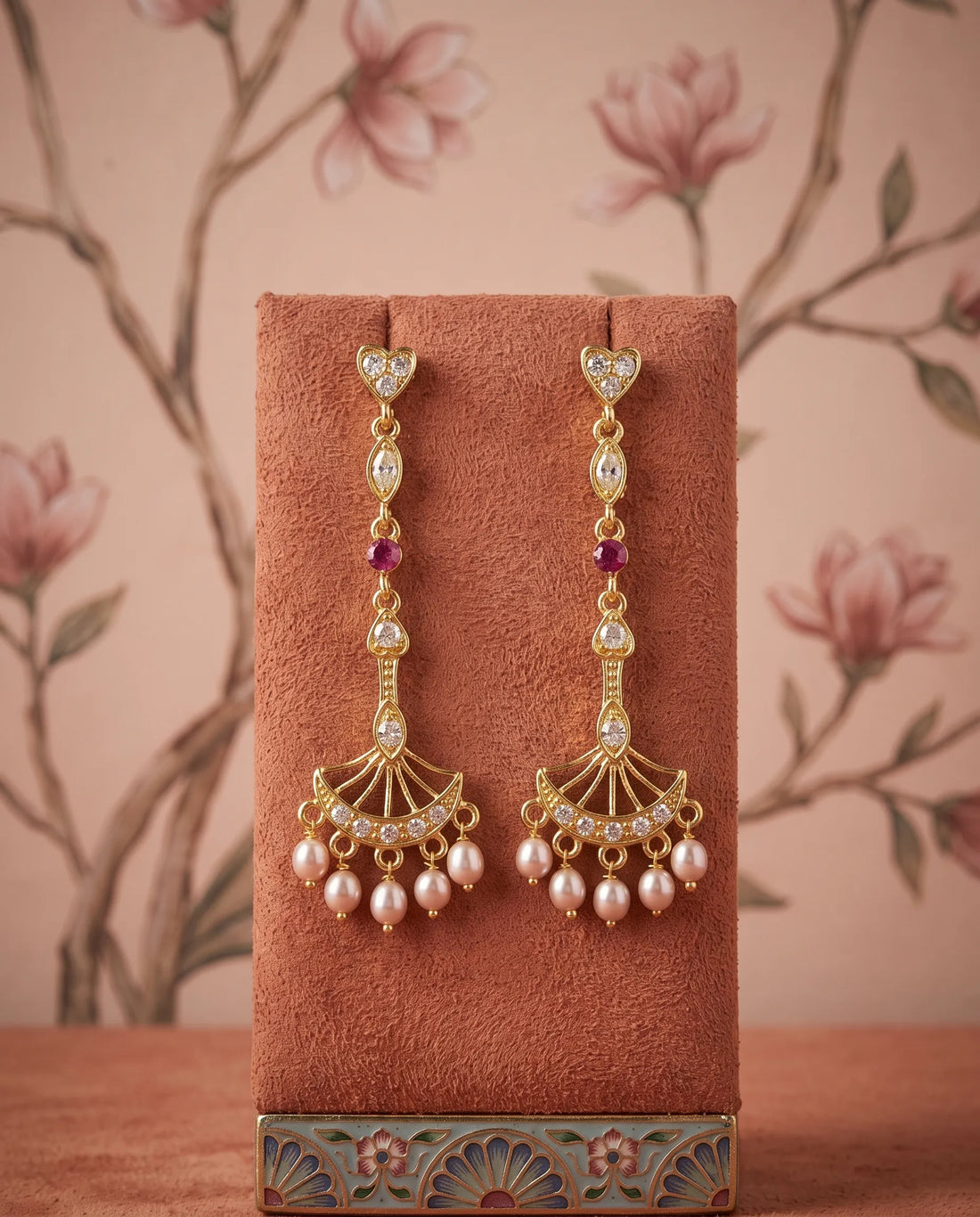 Gold-Plated Linear Fan Drop Earrings with Ruby-Pink CZ & Pearl Fringe
