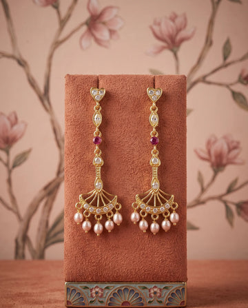 Gold-Plated Linear Fan Drop Earrings with Ruby-Pink CZ & Pearl Fringe