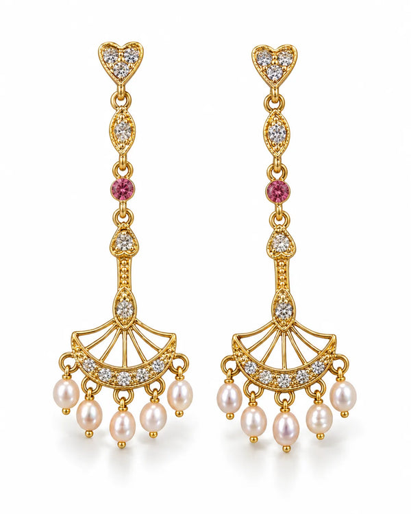 Gold-Plated Linear Fan Drop Earrings with Ruby-Pink CZ & Pearl Fringe