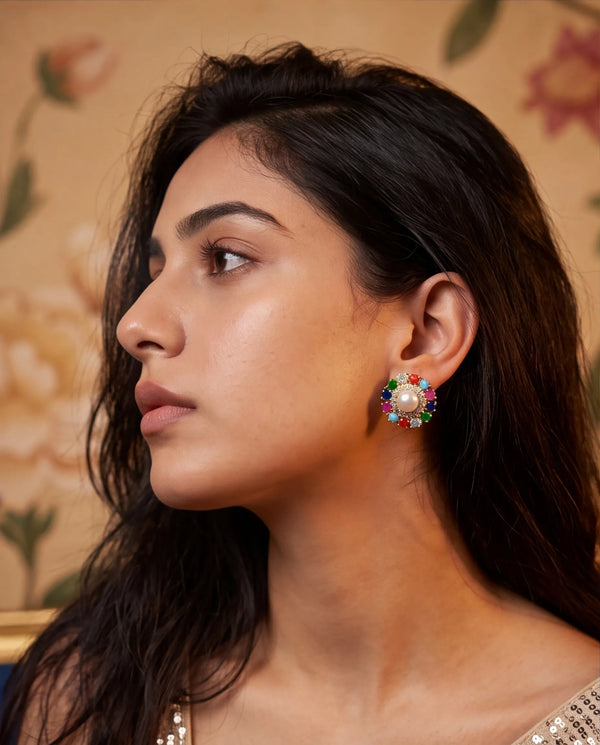 Gold-Plated Navratna-Style Floral Stud Earrings