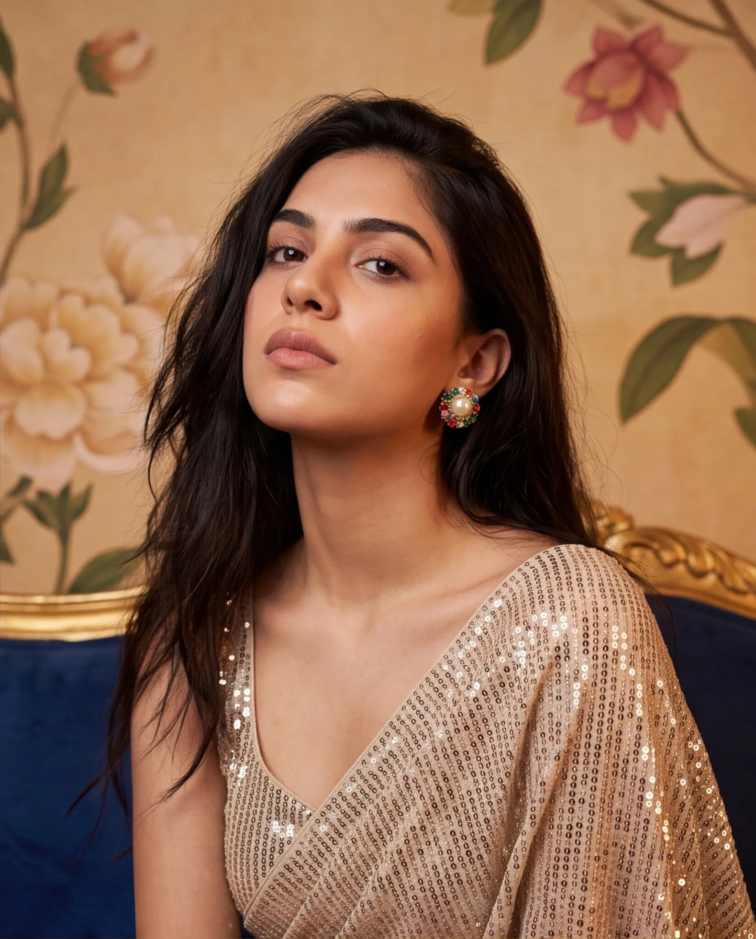 Gold-Plated Navratna-Style Floral Stud Earrings