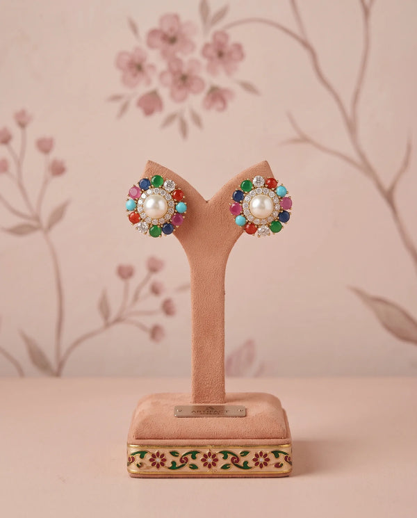 Gold-Plated Navratna-Style Floral Stud Earrings