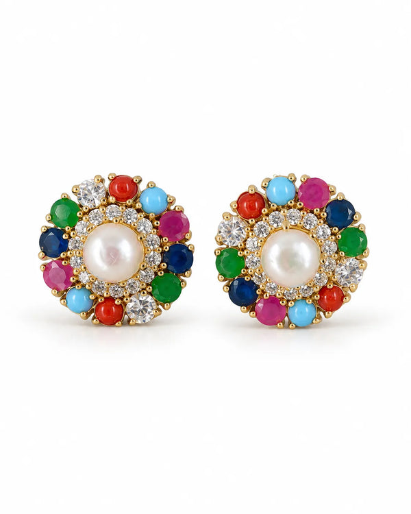 Gold-Plated Navratna-Style Floral Stud Earrings